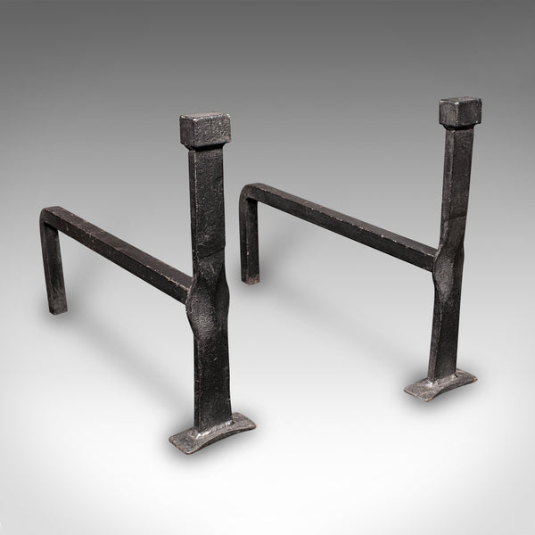 Antique Fireplace Set, English, Iron, Fire Basket, Pair of Andirons, Edwardian