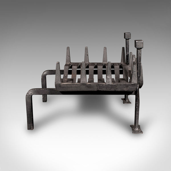 Antique Fireplace Set, English, Iron, Fire Basket, Pair of Andirons, Edwardian