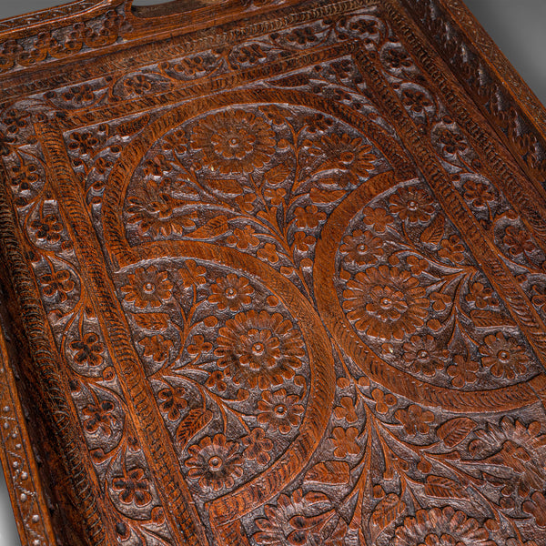 Antique Carved Serving Tray, Anglo-Indian, Teak Afternoon Tea Platter, Victorian