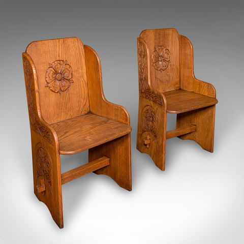 Pair of Antique Hall Chairs, English Oak, Country House Seat, Side, Edwardian