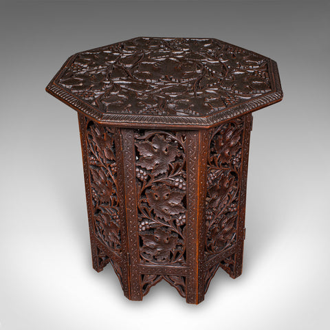 Small Antique Campaign Tea Table, Anglo-Indian, Relief Carved Teak, Victorian