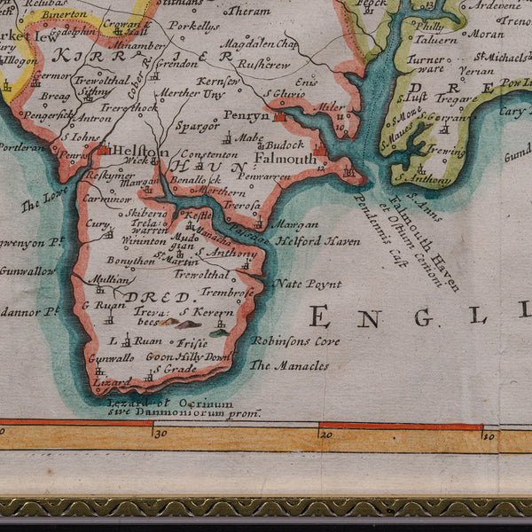 Antique County Map, Cornwall, Kernow, English, Framed, Robert Morden, Georgian