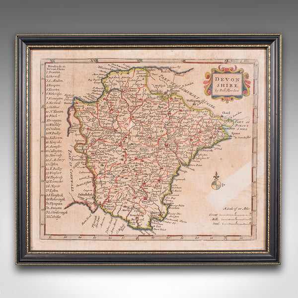 Antique Devonshire Map, English Framed Robert Morden Devon Cartography, Georgian