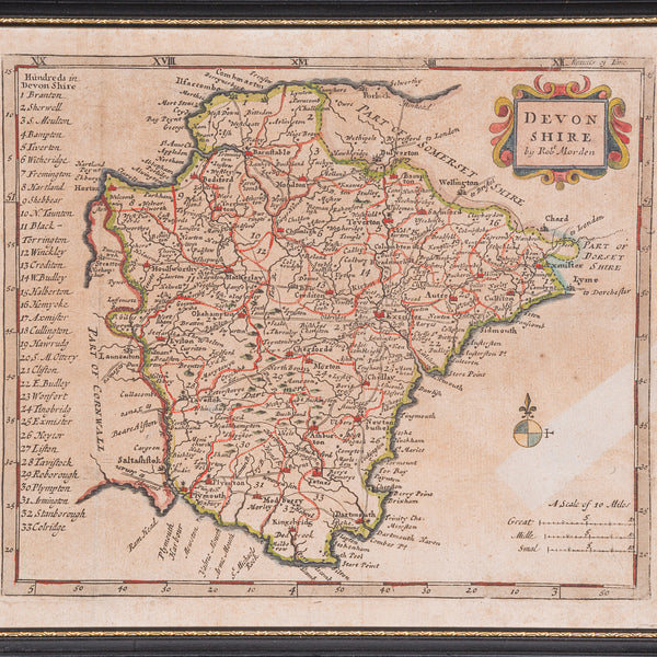 Antique Devonshire Map, English Framed Robert Morden Devon Cartography, Georgian