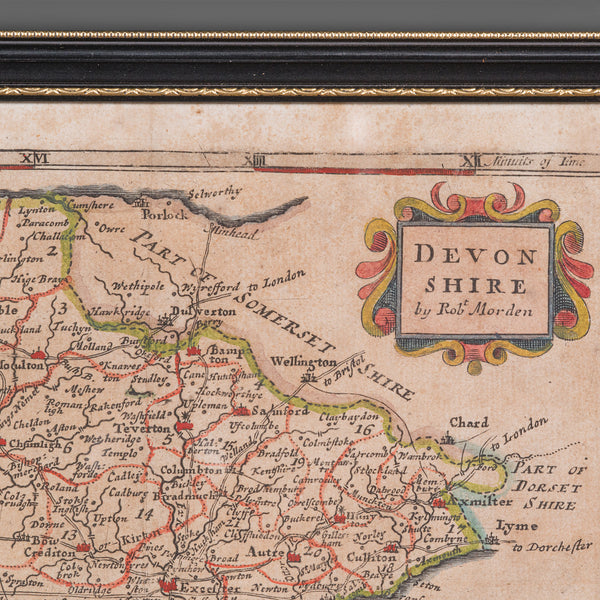 Antique Devonshire Map, English Framed Robert Morden Devon Cartography, Georgian