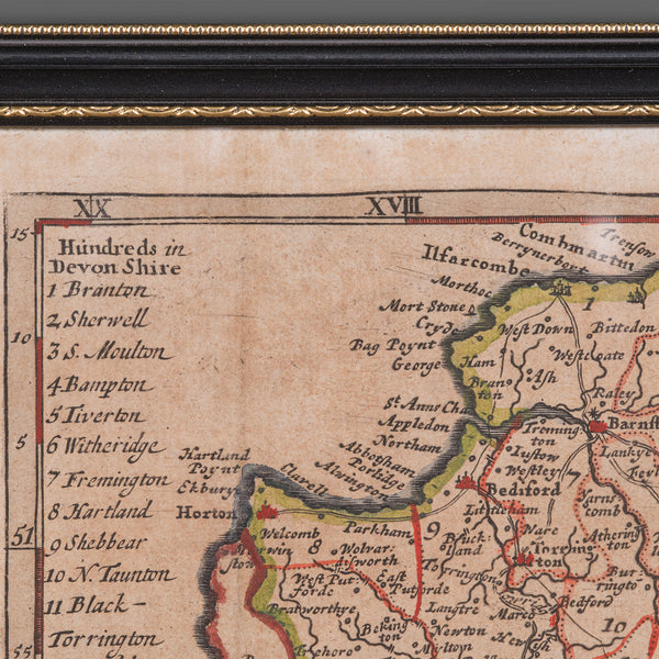 Antique Devonshire Map, English Framed Robert Morden Devon Cartography, Georgian