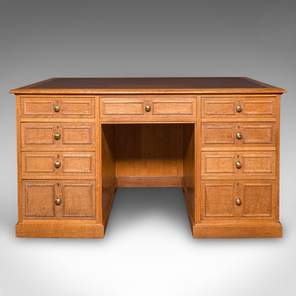 Large Vintage Bespoke Kneehole Desk, English, Oak, Writing Table, Mid Century