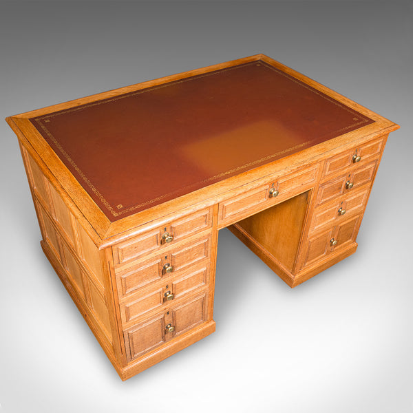 Large Vintage Bespoke Kneehole Desk, English, Oak, Writing Table, Mid Century