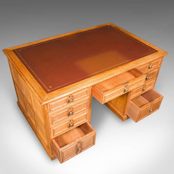 Large Vintage Bespoke Kneehole Desk, English, Oak, Writing Table, Mid Century