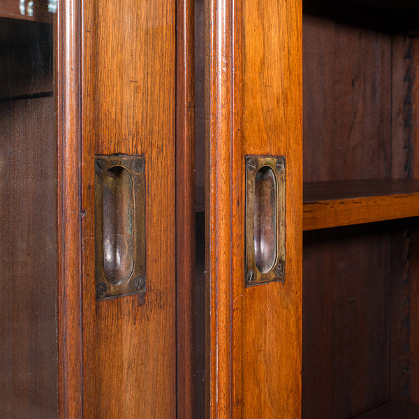 Large Antique Glazed Bookcase, English Walnut Library Display Cabinet, Victorian