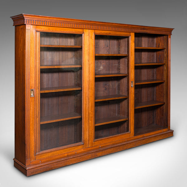 Large Antique Glazed Bookcase, English Walnut Library Display Cabinet, Victorian