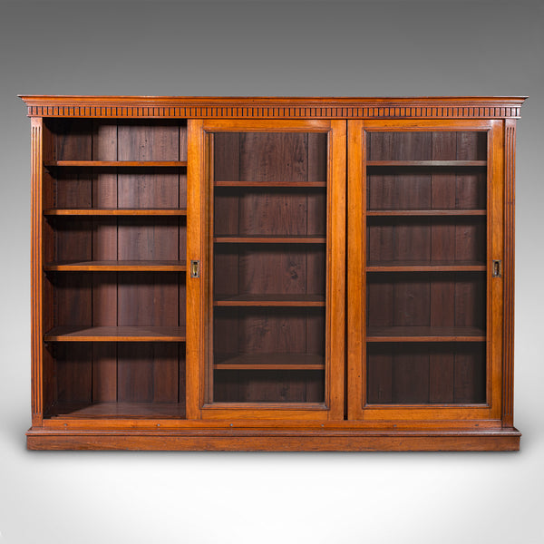 Large Antique Glazed Bookcase, English Walnut Library Display Cabinet, Victorian
