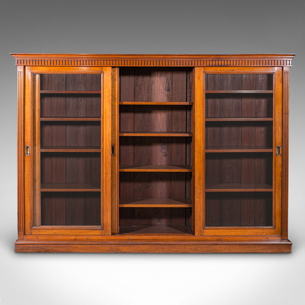 Large Antique Glazed Bookcase, English Walnut Library Display Cabinet, Victorian