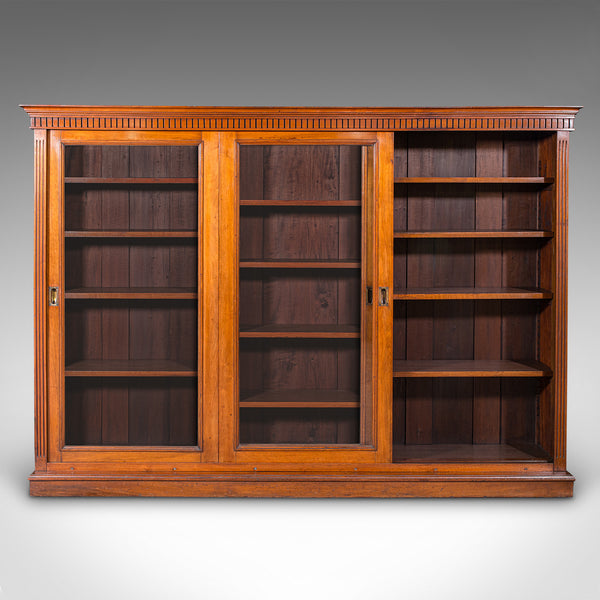 Large Antique Glazed Bookcase, English Walnut Library Display Cabinet, Victorian