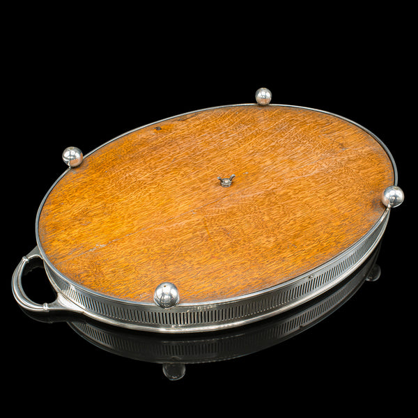 Large Antique Oval Serving Tray, English, Oak, Silver Plate, Edwardian, C.1910