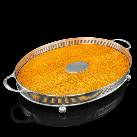 Large Antique Oval Serving Tray, English, Oak, Silver Plate, Edwardian, C.1910