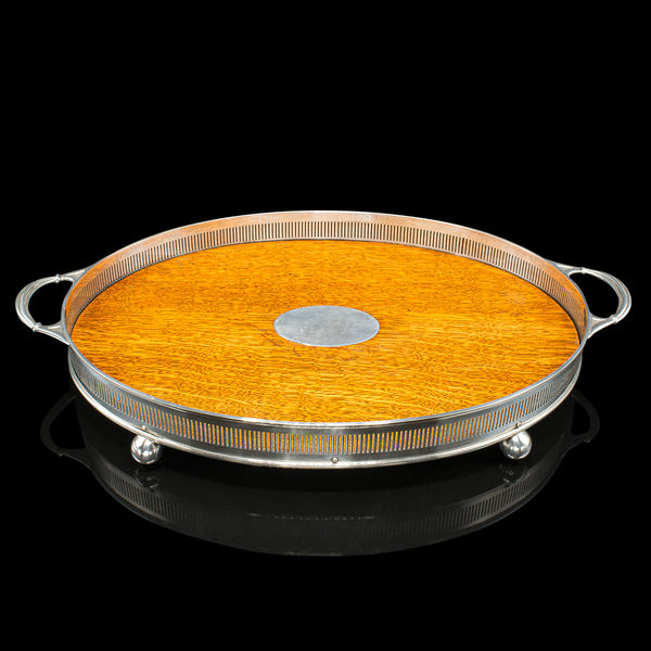Large Antique Oval Serving Tray, English, Oak, Silver Plate, Edwardian, C.1910