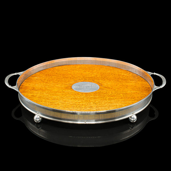 Large Antique Oval Serving Tray, English, Oak, Silver Plate, Edwardian, C.1910