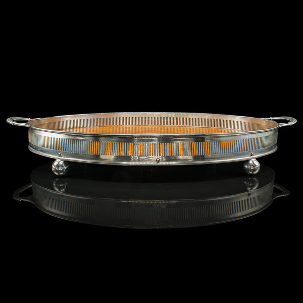 Large Antique Oval Serving Tray, English, Oak, Silver Plate, Edwardian, C.1910