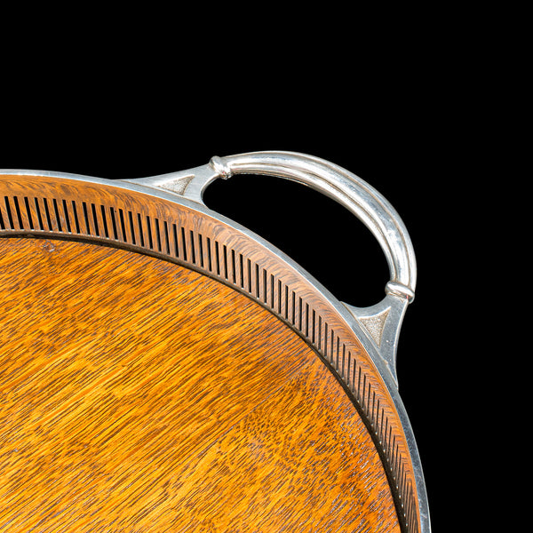 Large Antique Oval Serving Tray, English, Oak, Silver Plate, Edwardian, C.1910