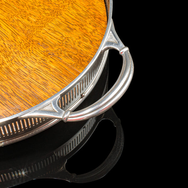 Large Antique Oval Serving Tray, English, Oak, Silver Plate, Edwardian, C.1910