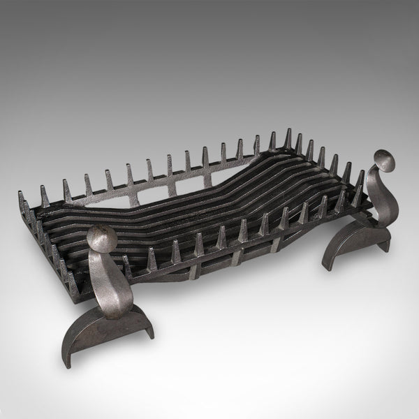 Large Antique Fireplace Set, English, Fire Basket, Andirons, Gothic, Edwardian