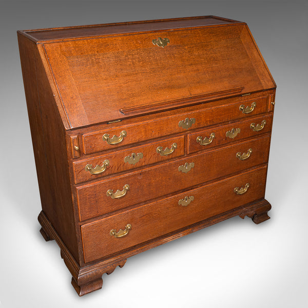 Large Antique Fall-Front Bureau, English, Oak, Writing Cabinet, Georgian, C.1750