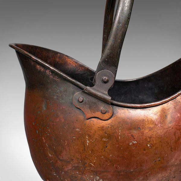 Vintage Helmet Coal Scuttle, English Copper, Fireside Basket, Victorian Revival