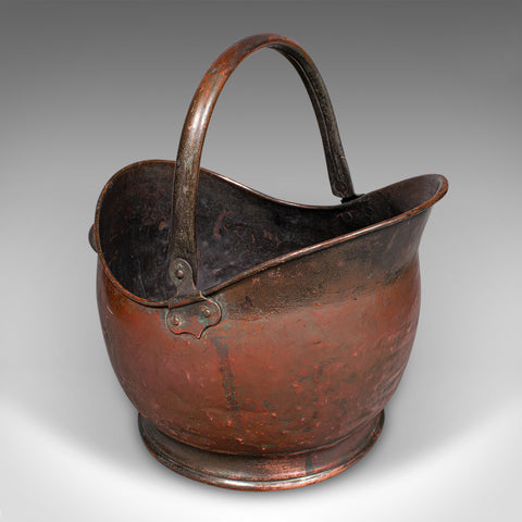 Vintage Helmet Coal Scuttle, English Copper, Fireside Basket, Victorian Revival