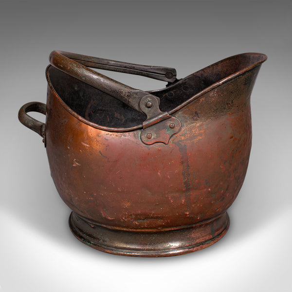 Vintage Helmet Coal Scuttle, English Copper, Fireside Basket, Victorian Revival
