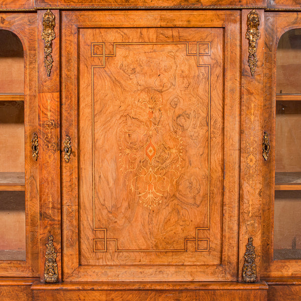 Antique Display Bookcase, English, Walnut, Breakfront Library Cabinet, Regency