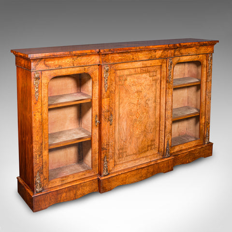 Antique Display Bookcase, English, Walnut, Breakfront Library Cabinet, Regency