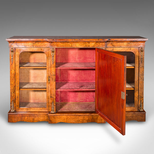 Antique Display Bookcase, English, Walnut, Breakfront Library Cabinet, Regency