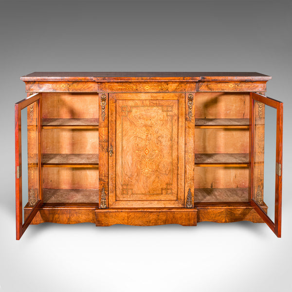 Antique Display Bookcase, English, Walnut, Breakfront Library Cabinet, Regency