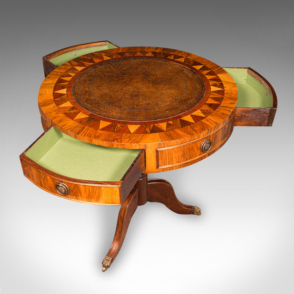 Vintage Rotary Centre Table, English, Walnut, Leather, Games, Regency Revival