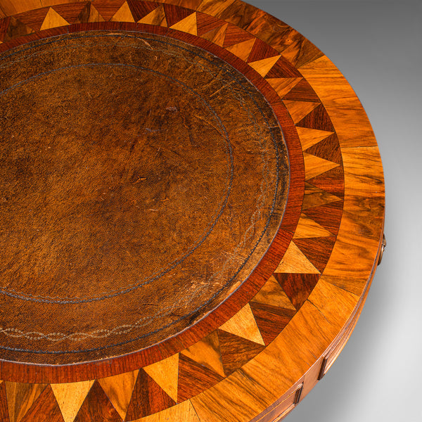 Vintage Rotary Centre Table, English, Walnut, Leather, Games, Regency Revival