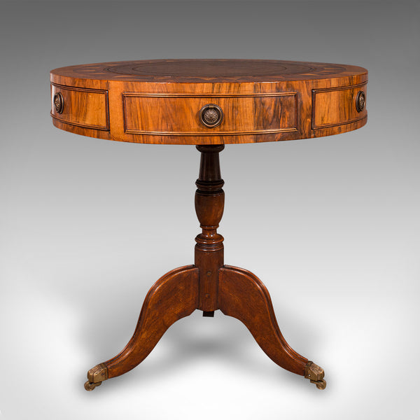 Vintage Rotary Centre Table, English, Walnut, Leather, Games, Regency Revival