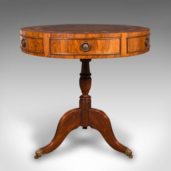 Vintage Rotary Centre Table, English, Walnut, Leather, Games, Regency Revival