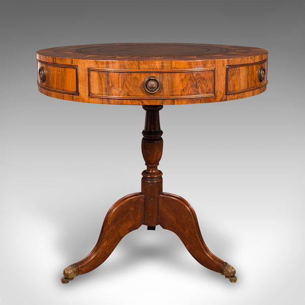 Vintage Rotary Centre Table, English, Walnut, Leather, Games, Regency Revival