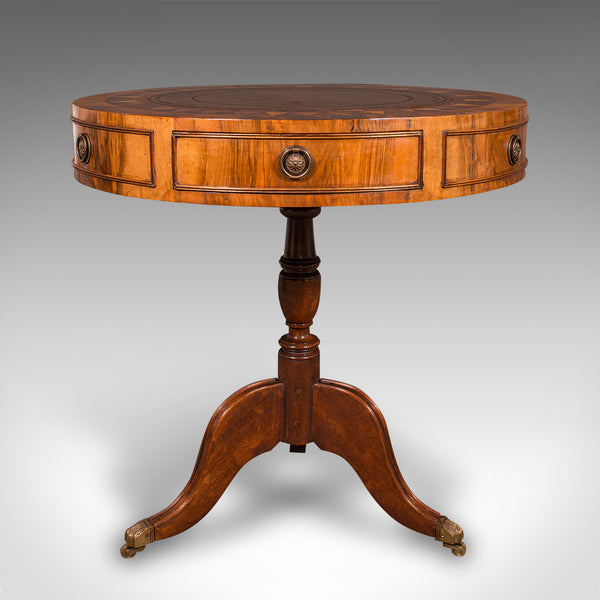 Vintage Rotary Centre Table, English, Walnut, Leather, Games, Regency Revival
