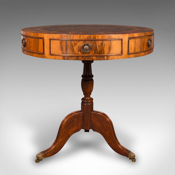 Vintage Rotary Centre Table, English, Walnut, Leather, Games, Regency Revival