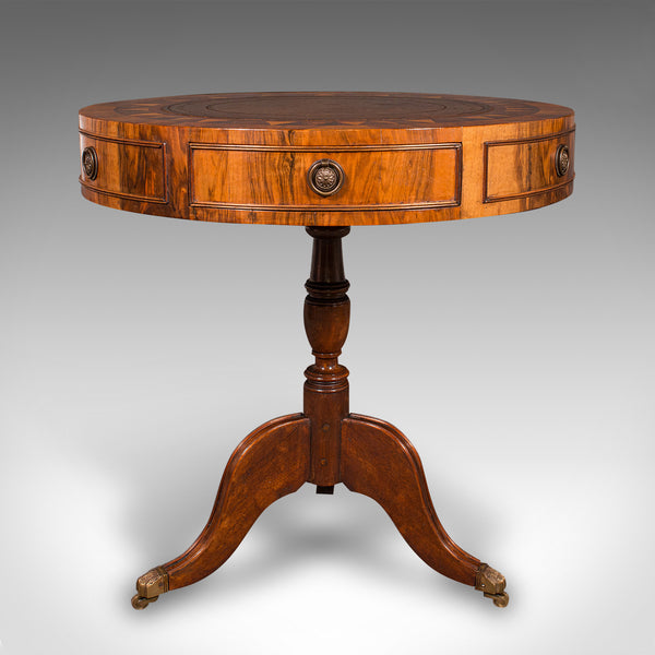 Vintage Rotary Centre Table, English, Walnut, Leather, Games, Regency Revival