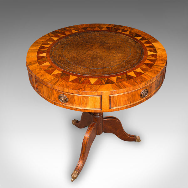 Vintage Rotary Centre Table, English, Walnut, Leather, Games, Regency Revival