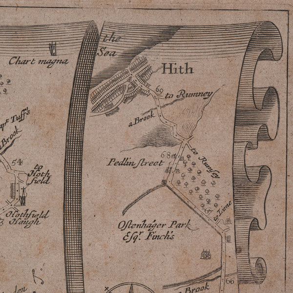 Antique Road Map, London to Hythe, Kent, English, Cartography, John Ogilby, 1675