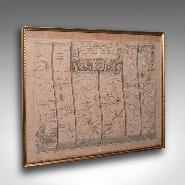 Antique Road Map, London to Hythe, Kent, English, Cartography, John Ogilby, 1675