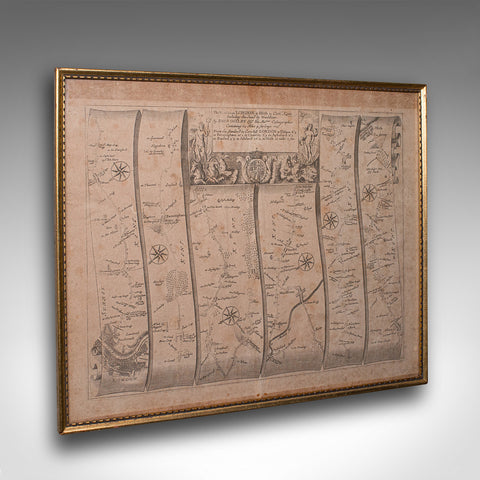 Antique Road Map, London to Hythe, Kent, English, Cartography, John Ogilby, 1675