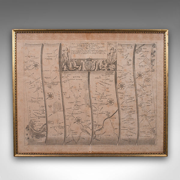 Antique Road Map, London to Hythe, Kent, English, Cartography, John Ogilby, 1675