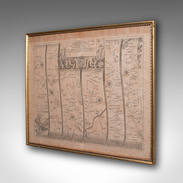 Antique Road Map, London to Hythe, Kent, English, Cartography, John Ogilby, 1675