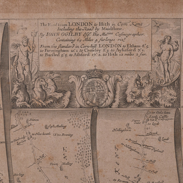 Antique Road Map, London to Hythe, Kent, English, Cartography, John Ogilby, 1675