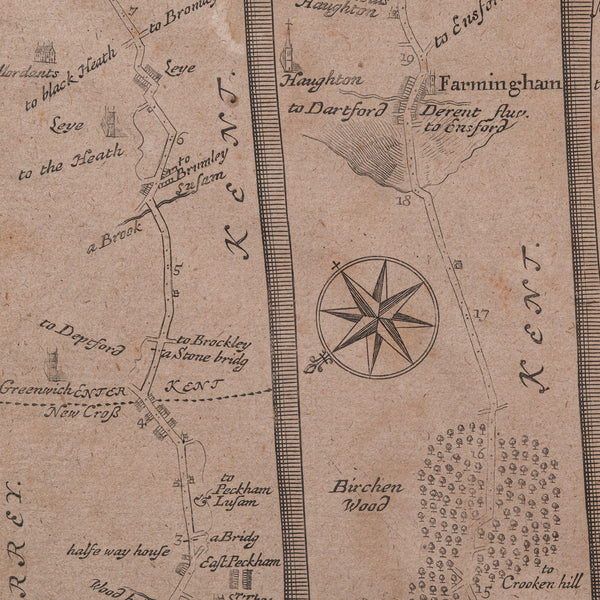 Antique Road Map, London to Hythe, Kent, English, Cartography, John Ogilby, 1675